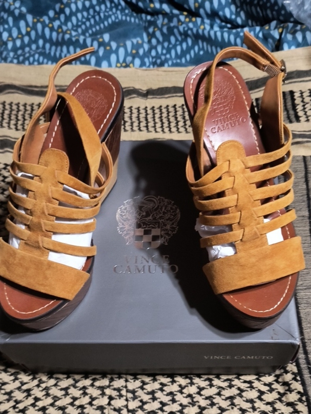 Vince Camuto Cognac Suede Strappy Slingback Wedges